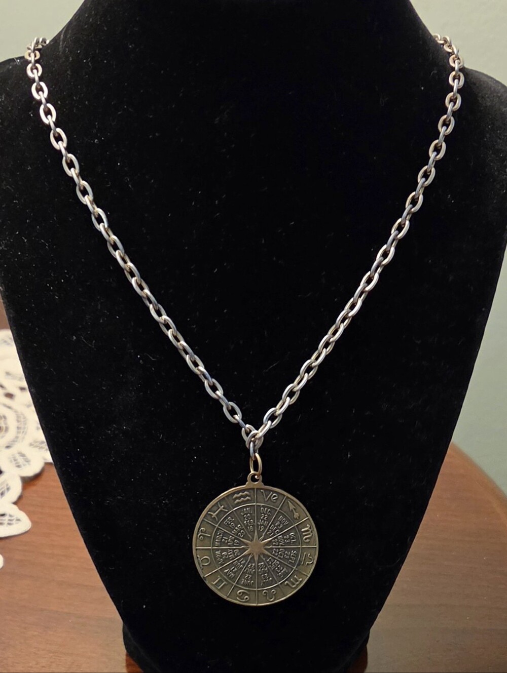 Vintage Brass Zodiac Calendar Necklace 24" Reversible Astrological Medallion - Picture 3 of 5